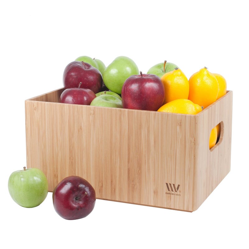 MobileVision Bamboo Storage Box Multi-Purpose Organizer for Kitchen Supplies Holder, Fruit Bin, Cabinets, Pantry with built in handles, stackable, 12â€ x 9â€ x 6â€ With White Clip Included - Image 1